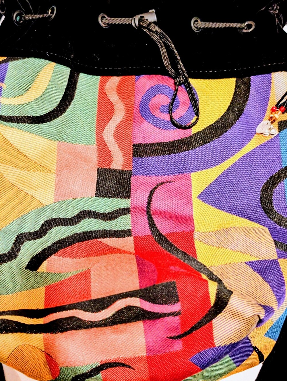 Colorful Tapestry Abstract Pattern Drawstring Bucket Bag W/ Velvet Trim & Strap